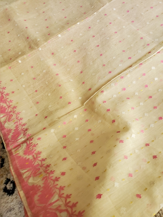 Elegant Pink & Cream Pure Cotton Dhakai Jamdani Saree Handloom Mint Condition main image 12
